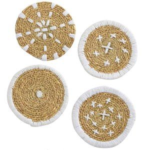 Bloomingville Round Hand-Embroidered Seagrass, White Woven Coasters